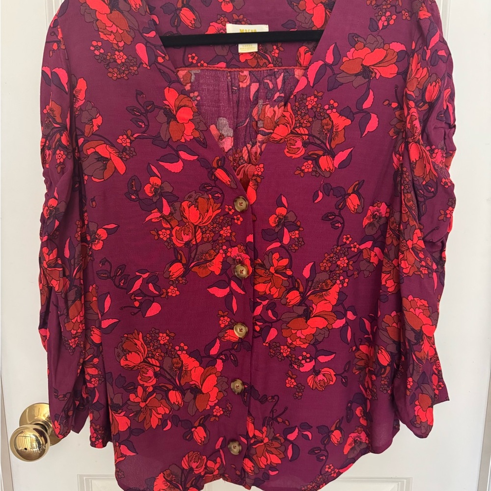 Floral Button-Up Blouse - Purple and Red